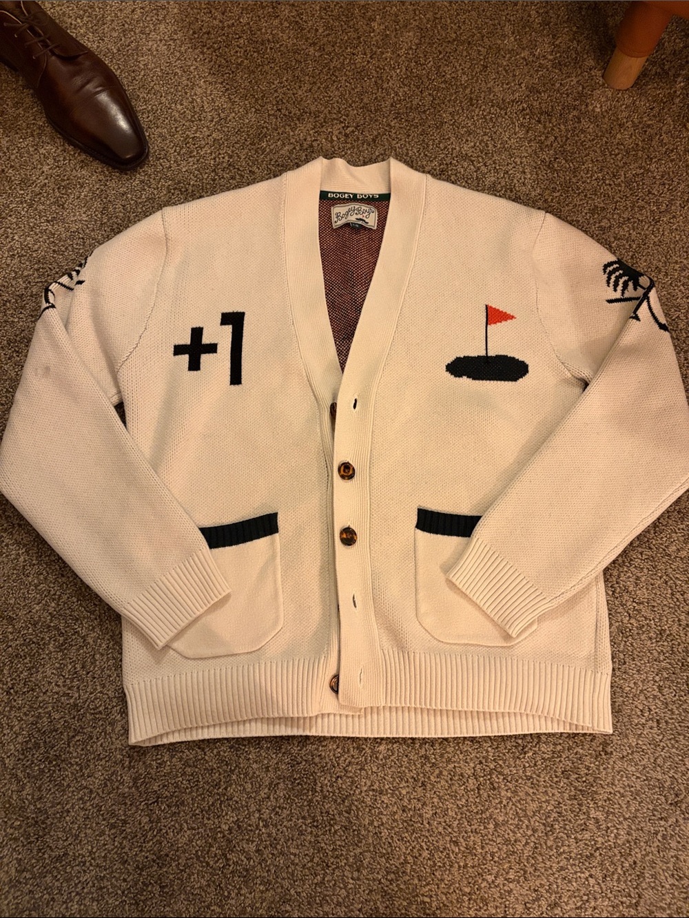 Bogey Boys Cream Golf Motif V-Neck Button Cardigan